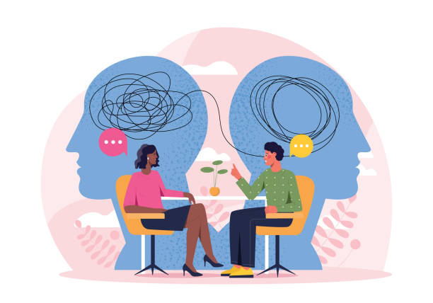 Illustration of a therapist and client in a talk therapy session